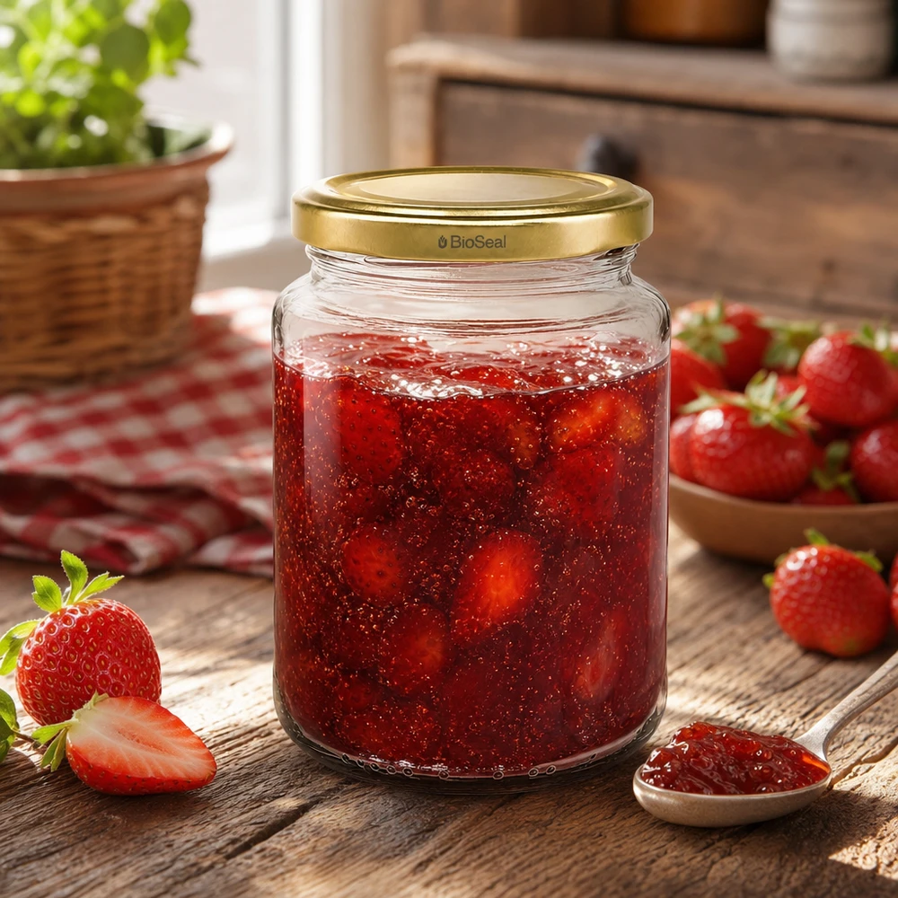 UNiTWIST Runda382 riempito di marmellata di fragole, coperchio TO66 BioSeal oro, marmellata fatta in casa su tavolo di legno