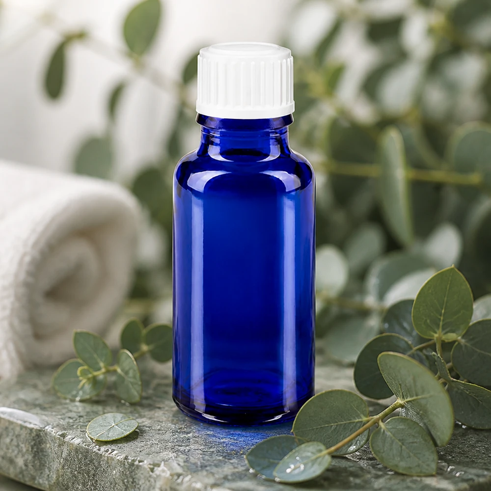 Kompakte 20ml Apothekerflasche kobaltblau mit weißem 11mm Verschluss für Kosmetikprodukte