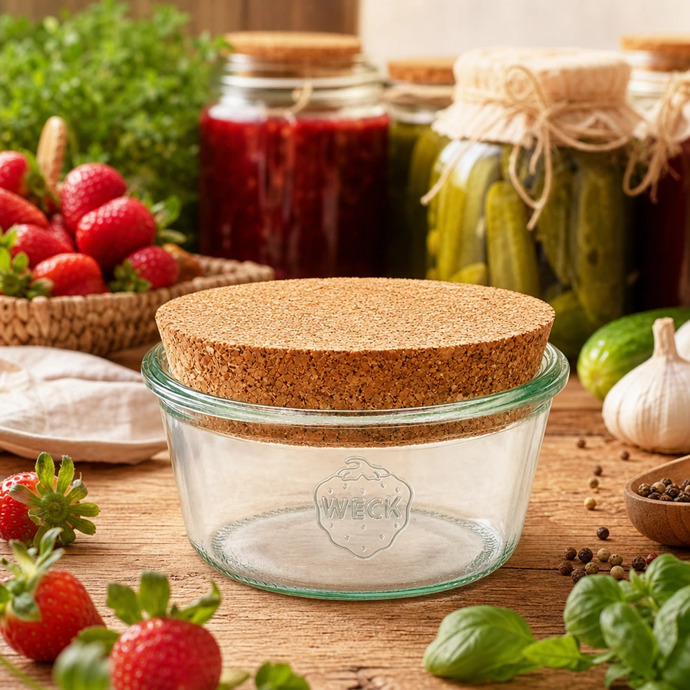 290ml Sturzglas niedrig WECK RR100 mitKorken natur WECK Einmachglas 290ml mit Korkdeckel in rustikaler Küche umgeben von frischen Erdbeeren und Gemüse