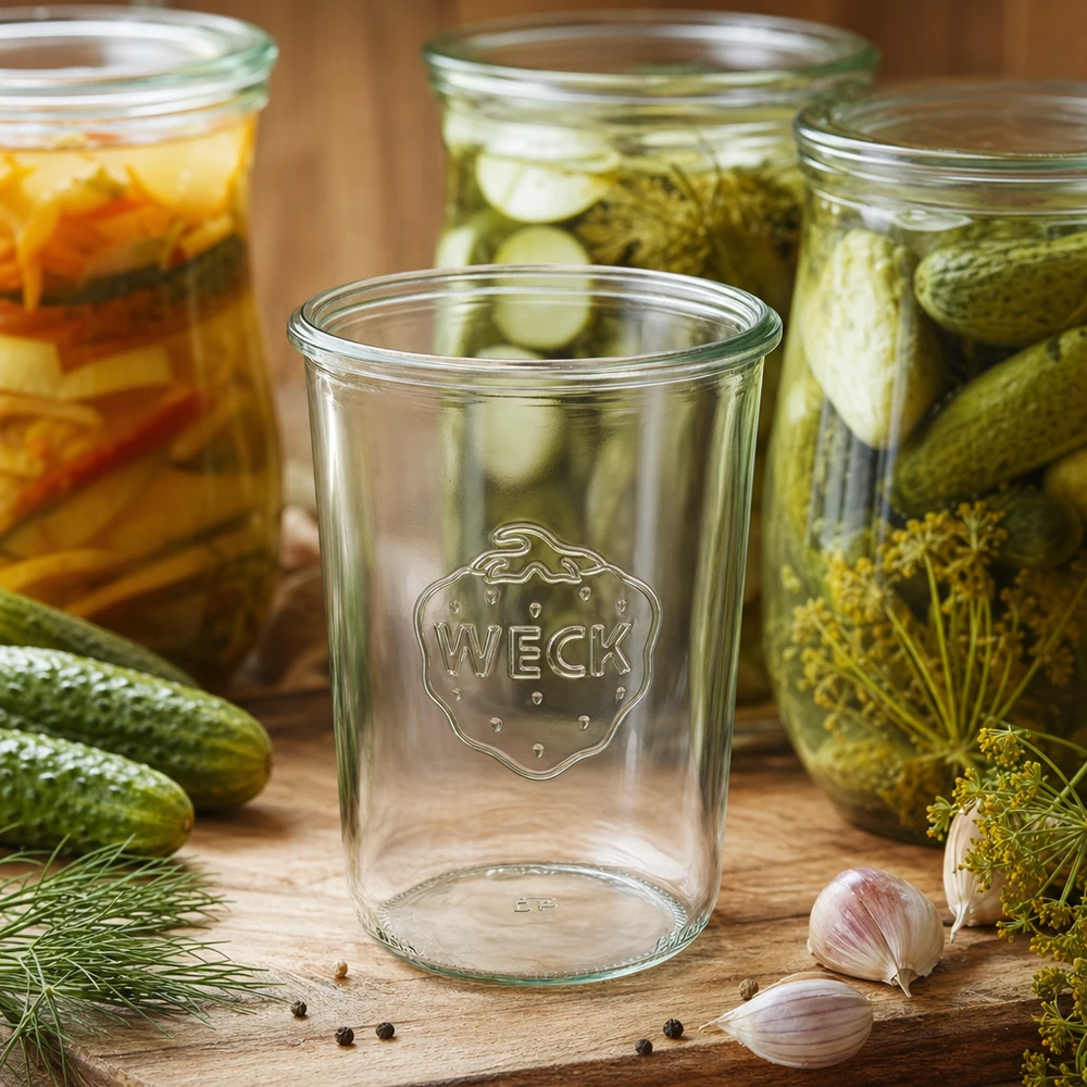Leeres 850ml WECK Sturzglas RR100 vor eingelegten Gurken und Gemüse in gefüllten Weckgläsern auf Holzuntergrund