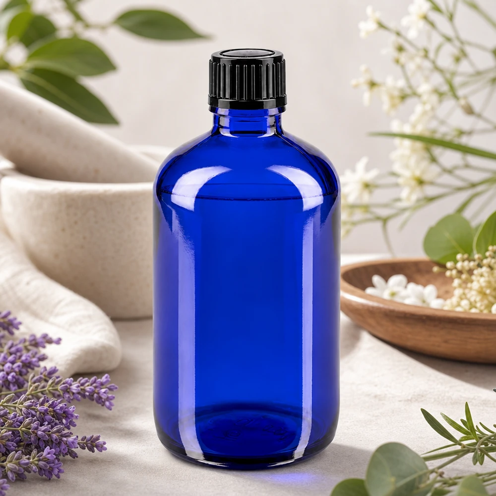 Apothekenflasche blau 100ml Schraubverschluss schwarz Standard Pharmazeutische Glasflasche 100ml in Blau mit 11mm Standardverschluss schwarz
