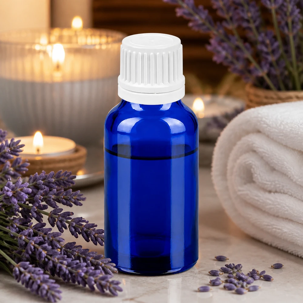 Flacone da 20ml 11mm SV bianco OV BlueLine UT18/20 Elegante flacone in vetro blu da 20 ml con tappo bianco opaco per prodotti naturali per il benessere