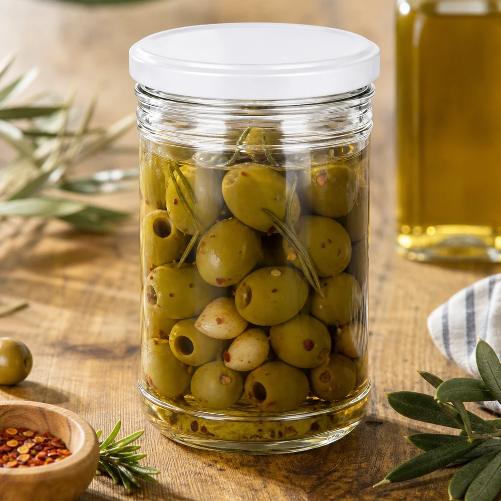 Bicchieri da 1053 ml pieni di olive mostra uso mediterraneo BasicSeal coperchio bianco barattolo per antipasti