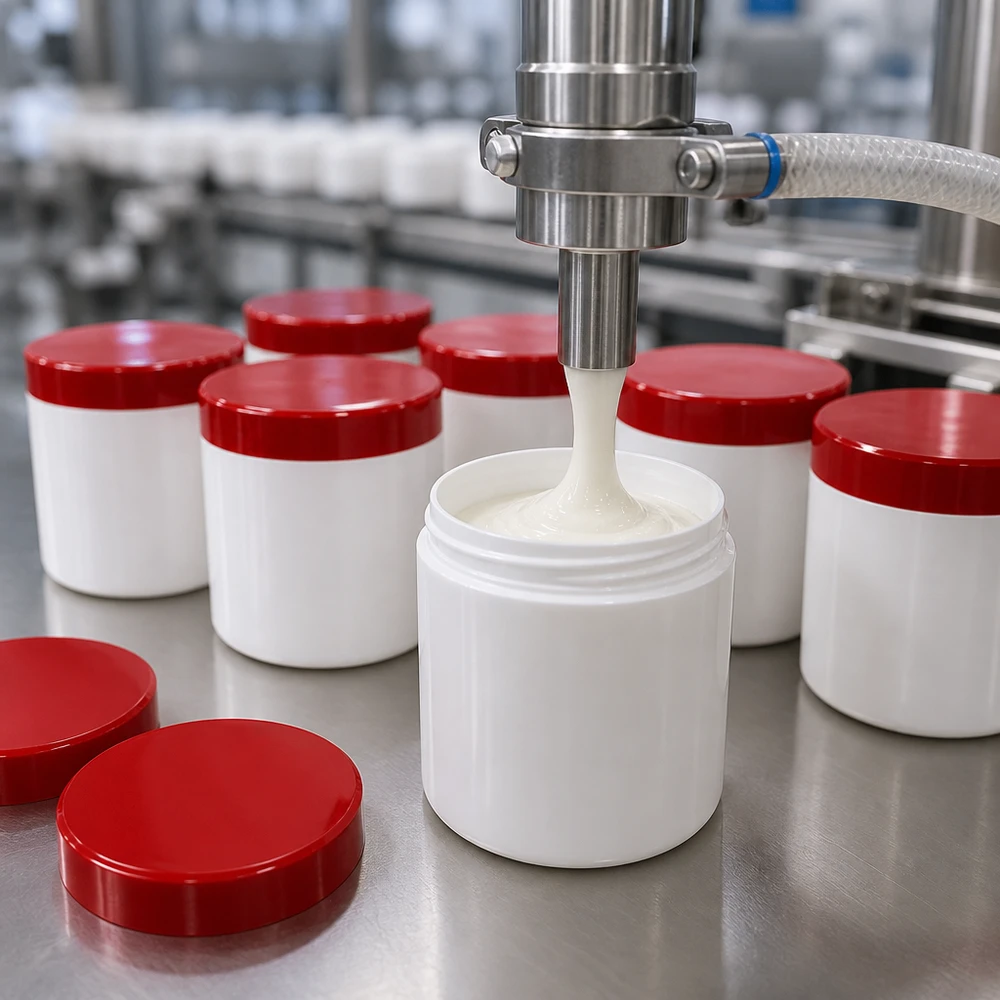 Production en grande série de pots à pommade blancs de 150 g en plastique PP, munis de couvercles à vis rouges et remplis à la machine