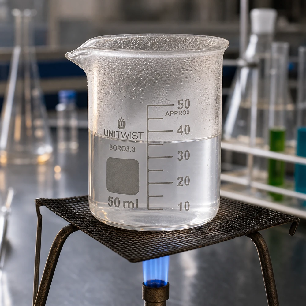 Bicchiere da 50 ml in borosilicato, a basso stampo UNiTWIST Becher da 50 ml UNiTWIST BORO 3.3 riscaldato sul becco Bunsen con vapore acqueo sulla parete del vetro