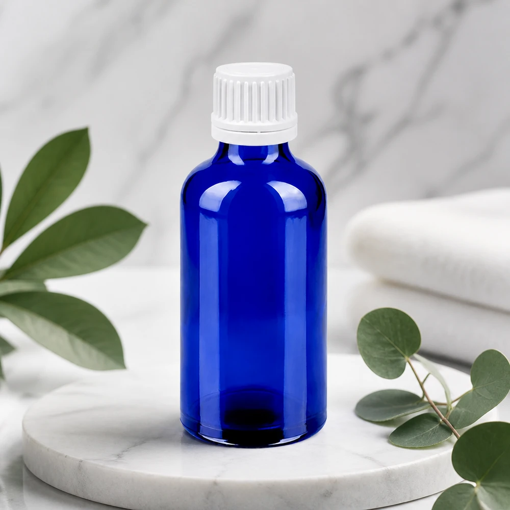 50ml Flasche 11mm Schraubverschluss weiß Originalitätsverschluss BlueLine UT18/50 Robuste 50ml Glasflasche BlueLine Serie mit zuverlässigem weißem Schraubgewinde