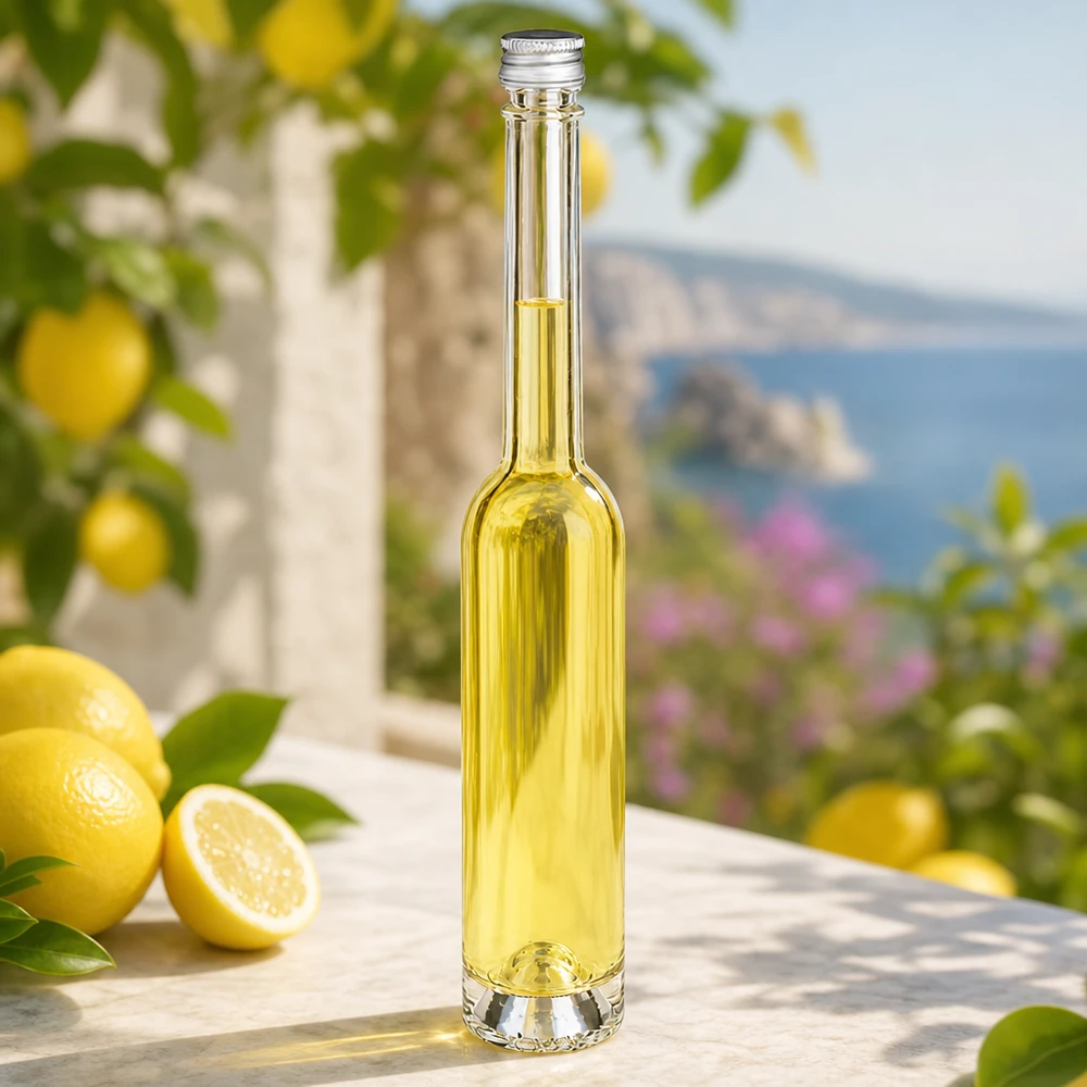 Bottiglia in vetro da 100 ml Toni con tappo a vite in argento - elegante forma stretta per limoncello
