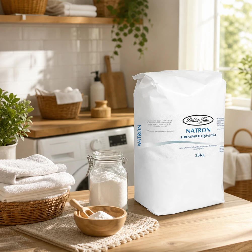 Sacco grande da 25 kg di bicarbonato di sodio in polvere nella cucina moderna con idrogenocarbonato di sodio naturale