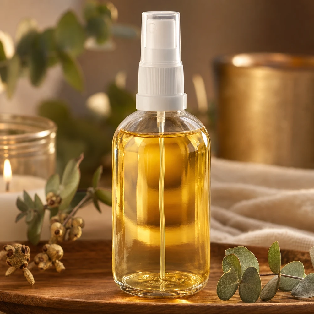Flacone spray da 100 ml bianco/trasparente STD ClearLine UT18/100 Flacone in vetro ClearLine da 100 ml con olio dorato e atomizzatore bianco su vassoio in legno Wellness Ambiente