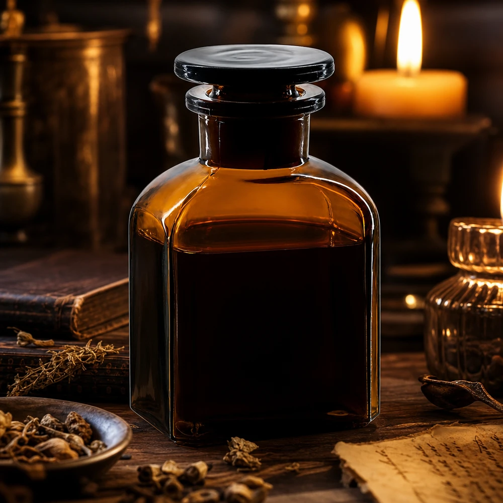 Flacone da farmacia da 150 ml in vetro ambrato, di forma quadrata, con collo largo e tappo di vetro, illuminato dalla luce delle candele