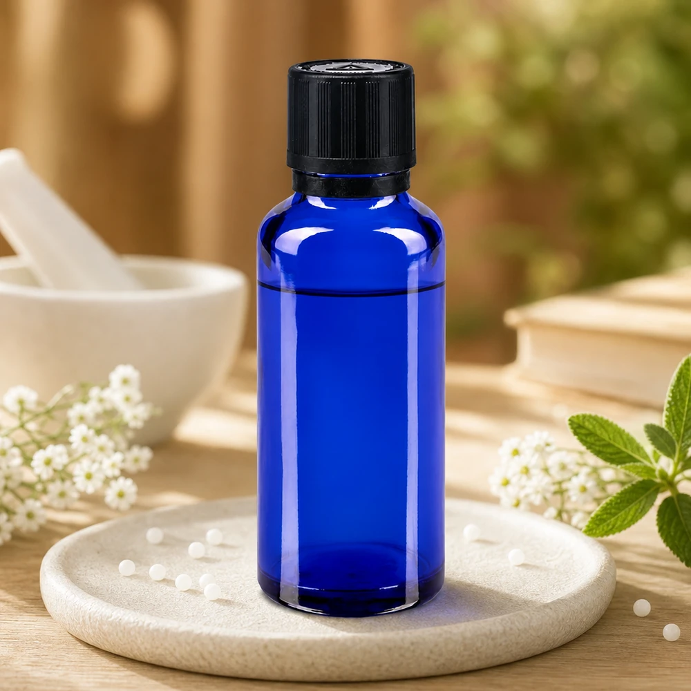 flacon à pharmacie bleu 30ml bouchon inviolable 1mm noir séc. enf. ada.a.ave. bouchon inviolabilité Flacon en verre bleu de 30 ml avec un bouchon noir à sécurité enfant, entouré de fleurs blanches et de menthe
