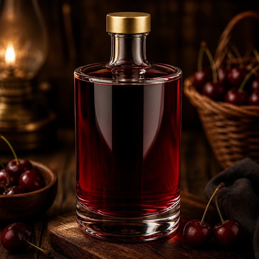 Bottiglia in vetro da 500 ml Sam riempita di liquido rosso ciliegia tappo UNiTWIST dorato ciliegie decorazione luce calda