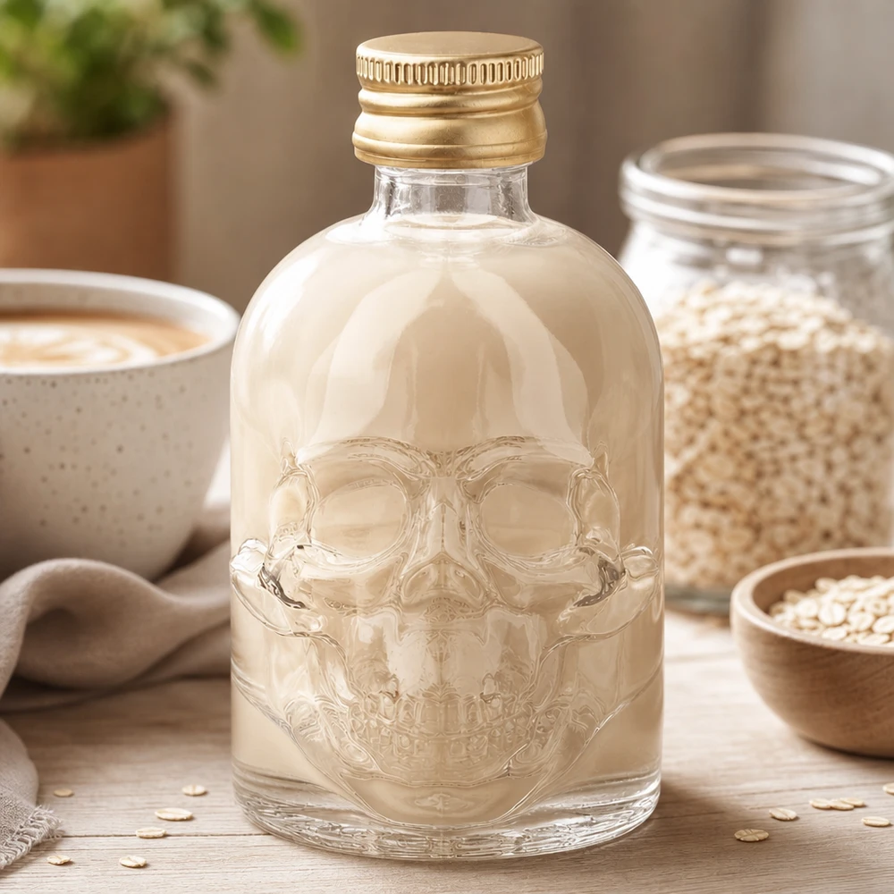 Bottiglia in vetro da 50 ml Hector con tappo a vite oro UNiTWIST® Bottiglia in vetro Hector da 50 ml con teschio in rilievo e tappo d'oro in un ambiente di cucina naturale con fiocchi d'avena
