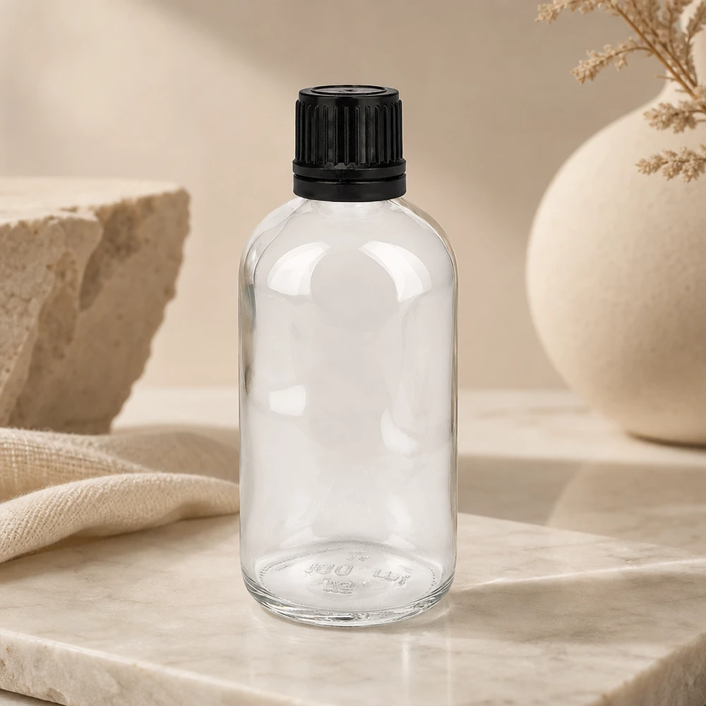 100ml Globuliflasche 8mm Giessring schwarz Standardverschluss ClearLine UT18/1 Apotheken Vorratsflasche 100ml Klarglas enghalsig mit schwarzem Verschluss für Pulver