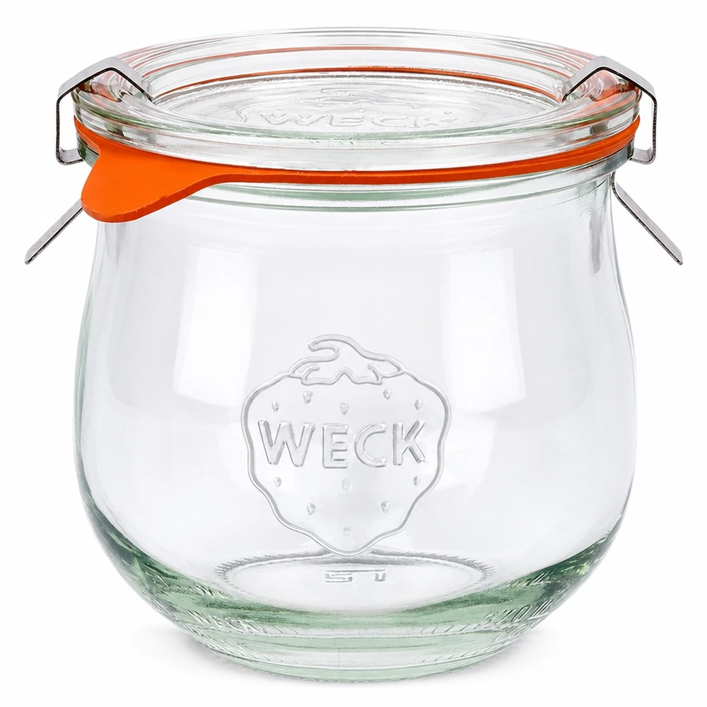 Vaso a tulipano da 370 ml completo WECK RR80 Vaso a tulipano WECK da 370 ml con coperchio in vetro e anello in gomma arancione RR80 Vaso per conserve e stoccaggio