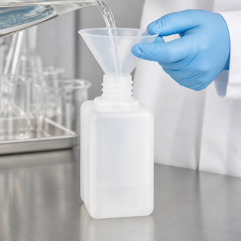 Manipulation d'un flacon en PE-HD de 50 ml à bouchon GL 18 avec des gants de protection lors du transvasement de produits chimiques