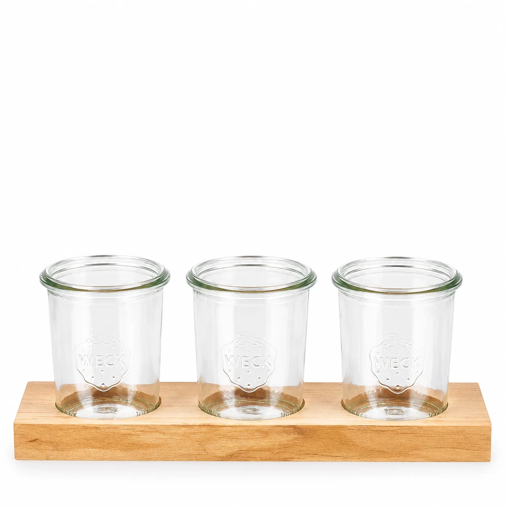 Tagliere Plano3 con 3 vasetti Weck da 160 ml Tavola da portata in legno Plano3 con tre bicchieri Weck da 160 ml per salsine, condimenti e snack