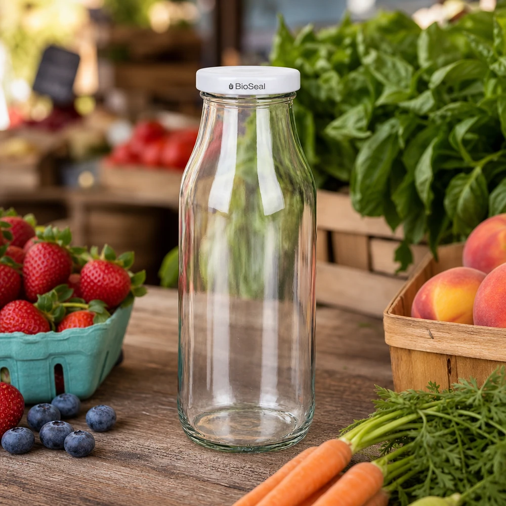 UNiTWIST Bottle263 Bottiglia di vetro vuota tra frutta e verdura fresca su un tavolo di legno in una scena naturale di cucina