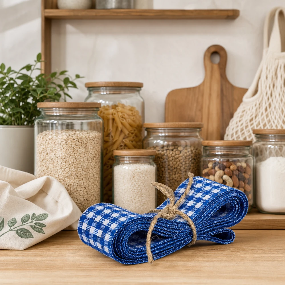 Nastro in tessuto blu/bianco per decorazioni, 300 cm Nastro in tessuto a scacchi blu bianco 300 cm con corda di iuta su bancone in legno tra barattoli e utensili da cucina
