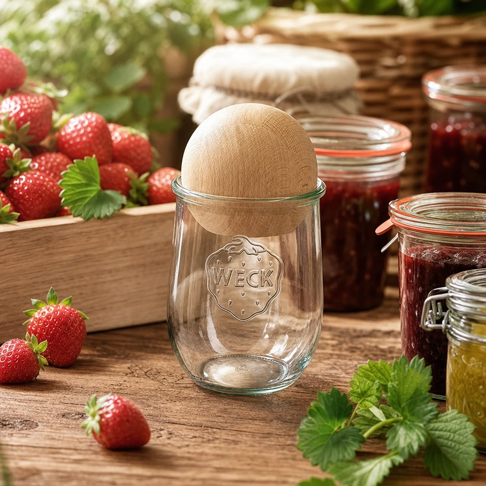 Vaso per tulipani WECK RR100 da 1062 ml con sfera in legno di faggio Barattolo da conserva WECK 1062ml RR100 con coperchio in legno per conservare la marmellata di fragole in una cucina rustica