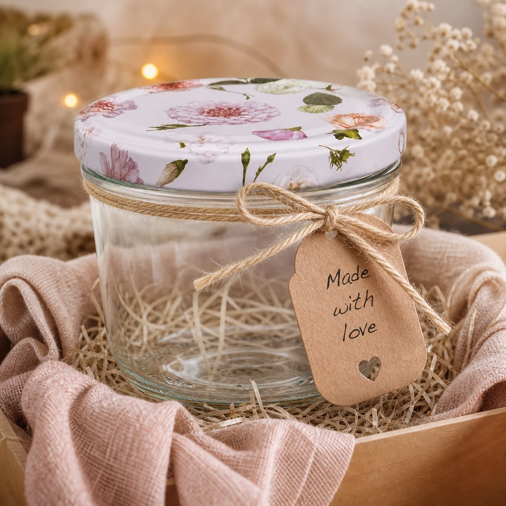 230ml Sturzglas + BasicSeal Deckel Blume rosa UNiTWIST 230ml Sturzglas BasicSeal Deckel rosa Blumen Geschenkverpackung Bastkorb Juteschleife Made with Love Anhänger