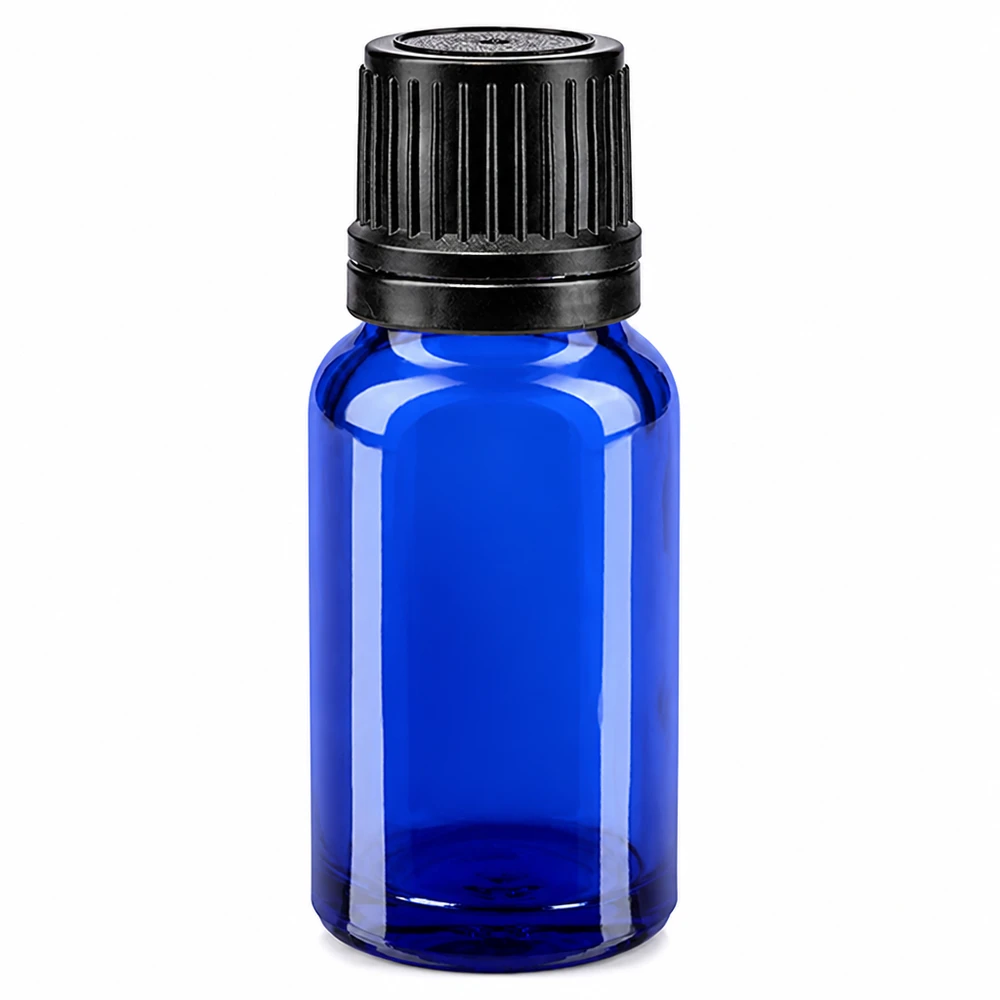 Apothekenflasche blau 10ml Tropfverschluss Giessring 1mm schwarz Originalitätsverschluss Blaue 10ml Glasflasche mit Originalitätsverschluss schwarz für Pharmazie und Aromatherapie