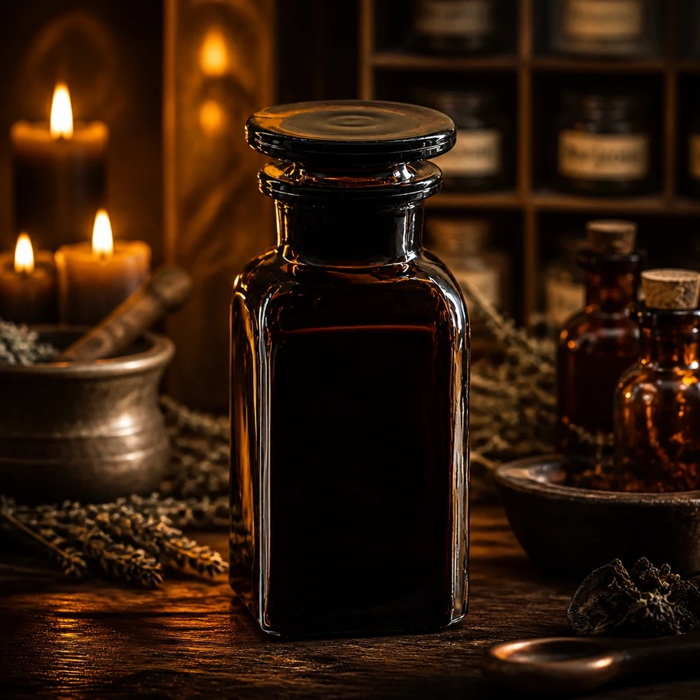 Bottiglia quadrata 100ml marrone a collo largo, tappo in vetro Fiaschetta da farmacia da 100 ml in vetro marrone, di forma squadrata, con tappo piatto in vetro, alla luce delle candele