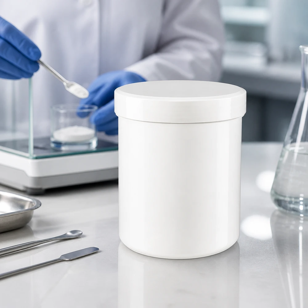 Pot à pommade blanc de grande contenance (500 g) en PP, à côté de spatules et d'un bol en acier inoxydable dans un laboratoire