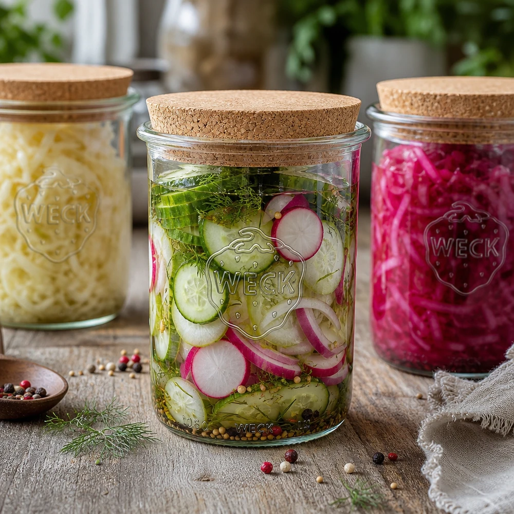 1000ml Sturzglas WECK RR100 mit Korken natur WECK Sturzglas 1000ml RR100 mit Korkdeckel Einmachgläser Set eingelegte Gurken Sauerkraut Radieschen Vorratsgläser