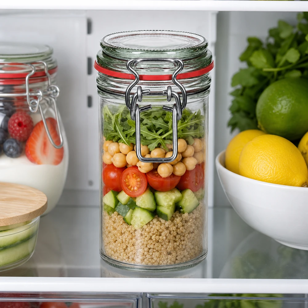 Bocal de conservation de 272 ml, type G, avec bouchon à clip UN.. 272ml Vorratsglas mit Bügelverschluss gefüllt mit Salat-Zutaten im Kühlschrank - perfekt für Meal Prep und frische Aufbe