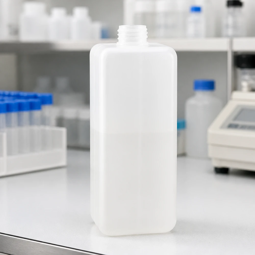 Flacon à produits chimiques 1000 ml à col étroit, PEHD couleur naturelle, GL 32 Bac de laboratoire robuste avec flacon de produits chimiques en PE-HD de 1 000 ml à col étroit GL 32 dans un environnement de laboratoire moderne