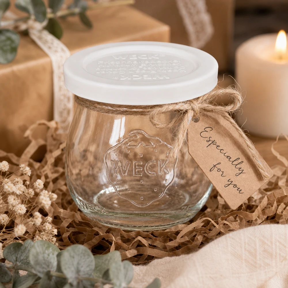 Barattolo a tulipano da 75 ml con coperchio salvafreschezza WECK RR40 WECK vaso tulipano 75ml RR40 come regalo decorativamente confezionato con etichetta in carta kraft e nastro di iuta su legno