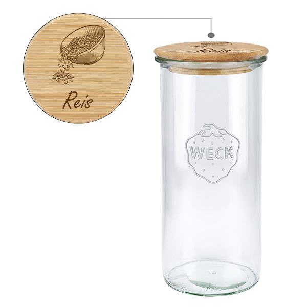 Holzdeckelset "Reis" mit WECK Sturzglas 1500ml Holzdeckelset "Reis" mit WECK Sturzglas 1500ml