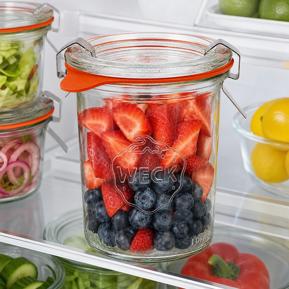Barattolo da 160ml completo WECK RR60 Bicchieri WECK 160ml RR60 riempiti di bacche fresche in frigorifero per una freschezza e una conservazione ottimali