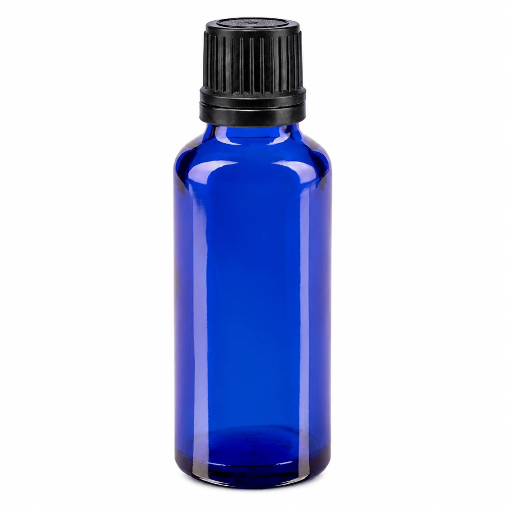 Apothekenflasche blau 30ml Tropfverschluss Giessring 1mm schwarz Originalitätsverschluss Kleine blaue Apothekenflasche 30ml UV-Schutz Glas mit schwarzem Dosierverschluss