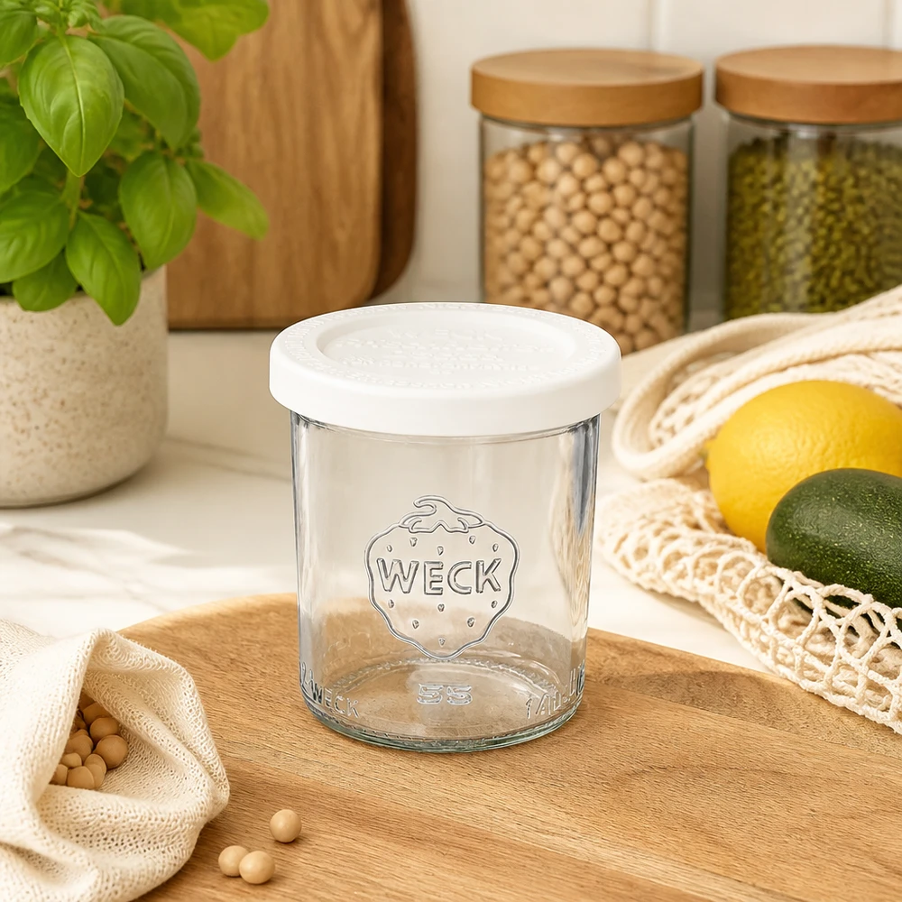 Bocal en verre de 140 ml avec couvercle hermétique WECK RR60 WECK 140ml Sturzglas RR60 leer mit Frischedeckel in moderner Küche neben Vorratsgläsern und frischem Obst