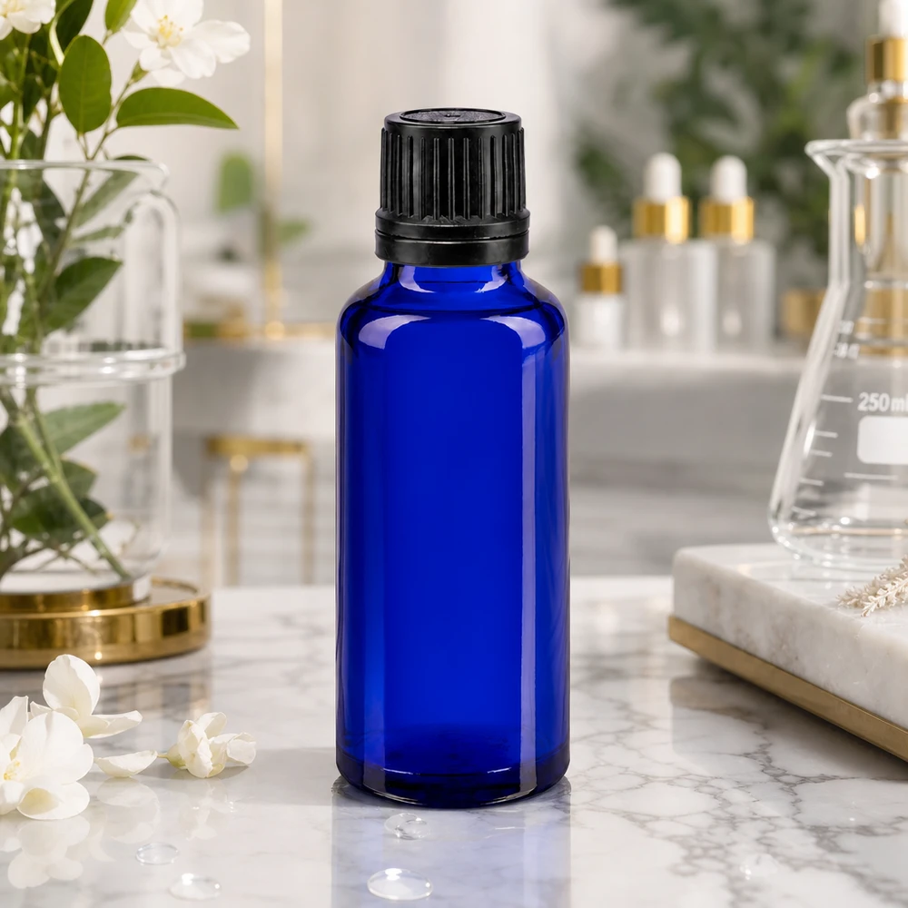 Flacon compte-gouttes en verre pharmaceutique de 30 ml, bleu, avec bouchon à vis noir, sur fond marbré