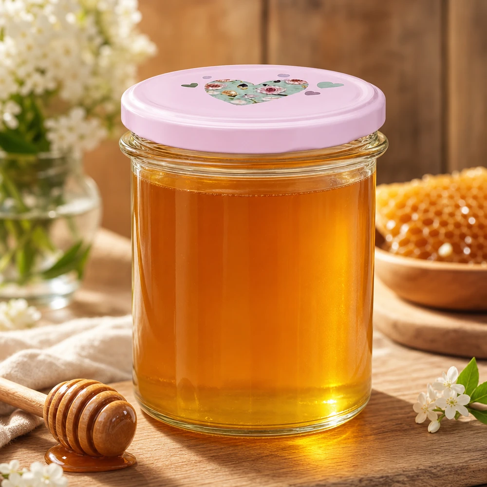 350ml Sturzglas + BasicSeal Deckel Herz rosa UNiTWIST 350ml Sturzglas rosa Herzdeckel gefüllt mit Honig Honigglas Bienenwachs Holzlöffel natürliche Süßungsmittel
