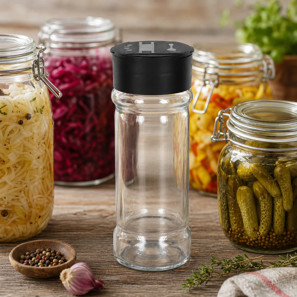 Pot à sel/épices 100 ml avec double saupoudreuse, noir Schwarzer Doppelstreuer-Deckel auf 100ml Gewürzglas vor rustikalem Küchen-Hintergrund
