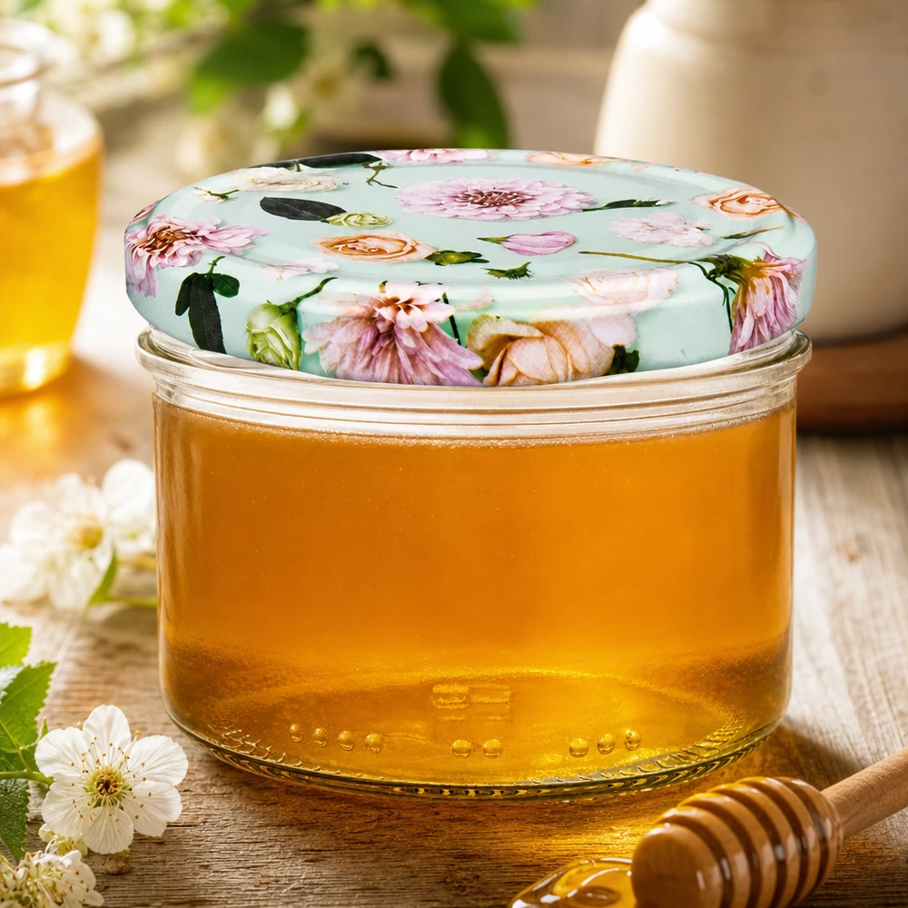 230ml Zylinderglas + BasicSeal Deckel Blume mint Honigglas 230ml mit dekorativem BasicSeal Deckel Blume mint - goldener Honig mit Holzlöffel und Blütendeko