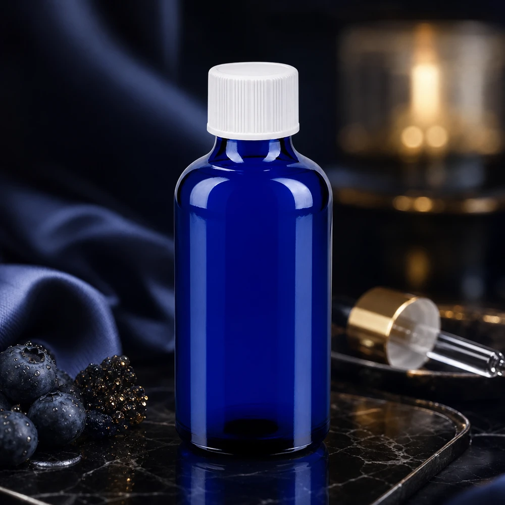 50ml Flasche 11mm Schraubverschluss weiß Standard BlueLine UT18/50 Vielseitige 50ml Glasflasche in Apothekerqualität mit weissem SV-Verschluss für Kosmetik