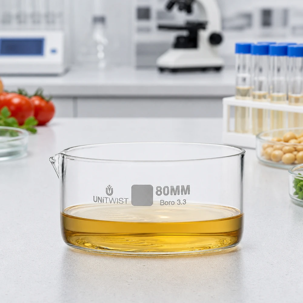 Cristallisoir ø80mm verre borosilicaté UNiTWIST Coupelle de cristallisation 80 mm UNiTWIST avec de l'huile jaune, pour plan de travail de laboratoire, en verre borosilicaté 3.3