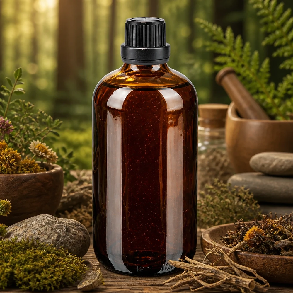Flacon compte-gouttes de 100 ml en verre d'apothicaire brun, muni d'un bouchon OV noir, posé sur une table en bois garnie d'herbes médicinales