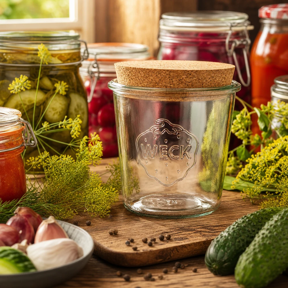 580ml Sturzglas WECK RR100 mit Korken natur WECK Einmachglas 580ml RR100 Korkdeckel in rustikaler Küche mit Gewürzen Gurken und Einmachzubehör dekoriert