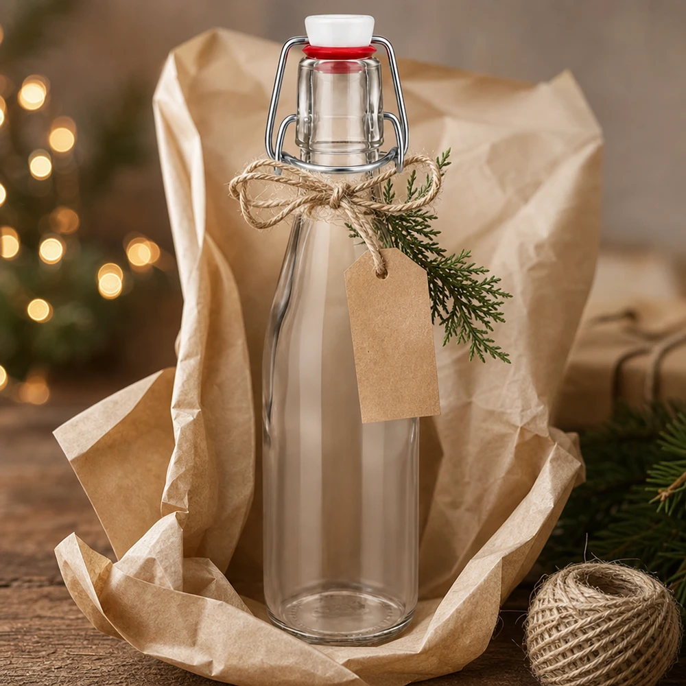 Bottiglia in vetro da 250 ml + tappo oscillante in porcellana UNiTWIST - Acquista qui! 250ml Glasflasche mit Bügelverschluss als Geschenk verpackt mit Juteschnur, Kraftpapier-Anhänger und Tannenzweig