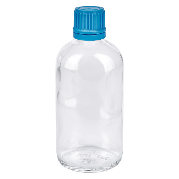 Bottiglia da 100ml 11mm SV blu OV ClearLine UT18/100 Flacone in vetro ClearLine da 100 ml con tappo a vite blu da 11 mm e sigillo di integrità