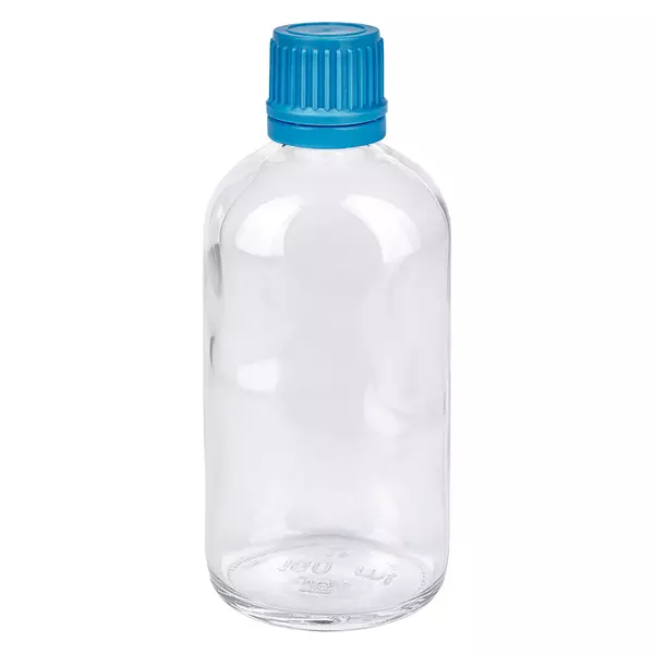 Flacon en verre ClearLine de 100 ml avec bouchon à vis bleu de 11 mm et cache-bouchon de sécurité
