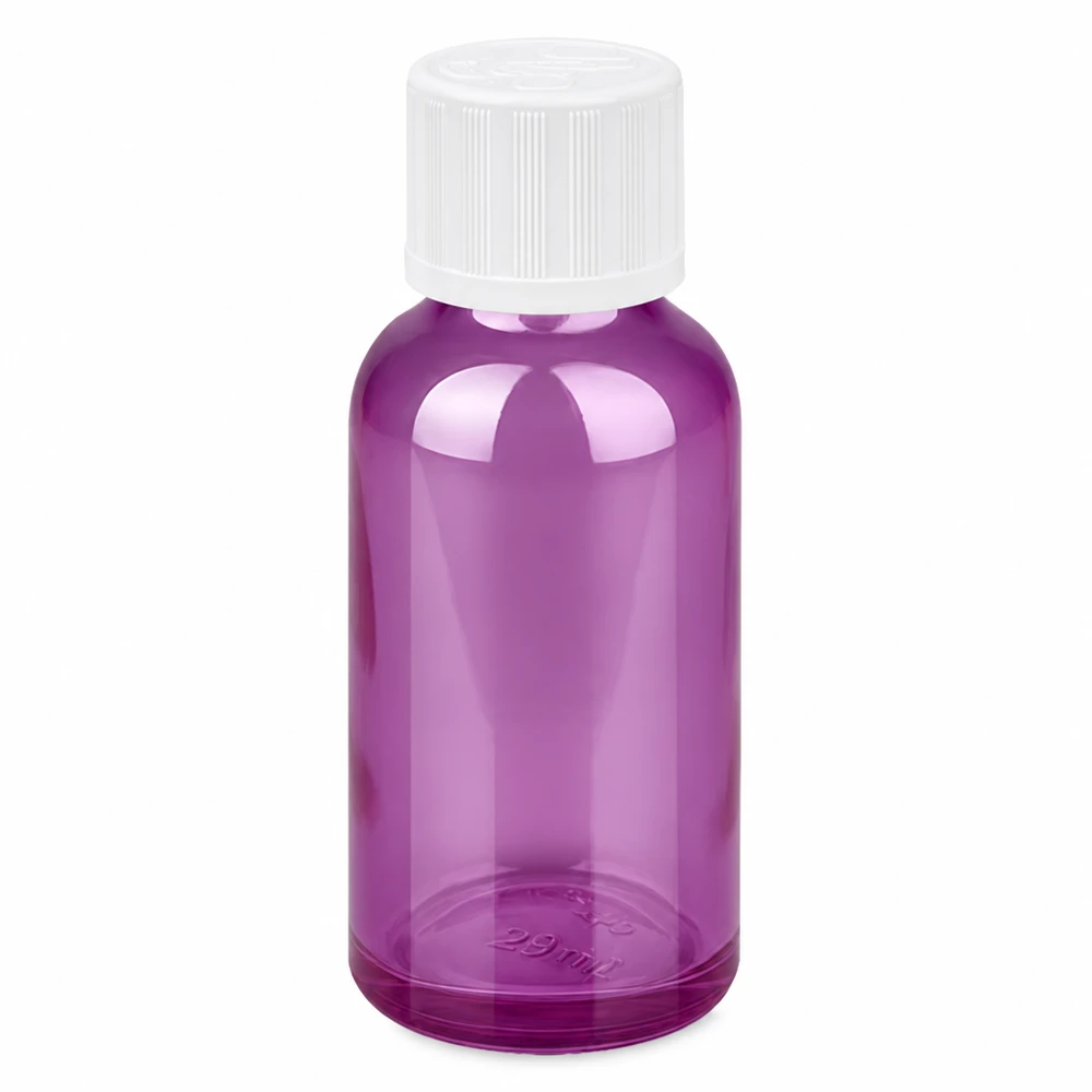Flacon compte-gouttes 30ml 1.2mm blanc standard sécurité enfant PurpleLine.UT18/30 Flacon compact de 30ml avec bouchon compte-gouttes violet pour l'aromathérapie et le bricolage cosmétique