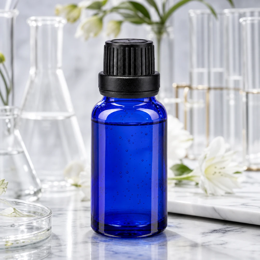 Apothekenflasche blau 10ml Tropfverschluss Giessring 2mm schwarz Originalitätsverschluss 10ml OV-Tropfflasche aus blauem Apothekenglas mit schwarzem Schraubdeckel in professioneller Laborumgebung