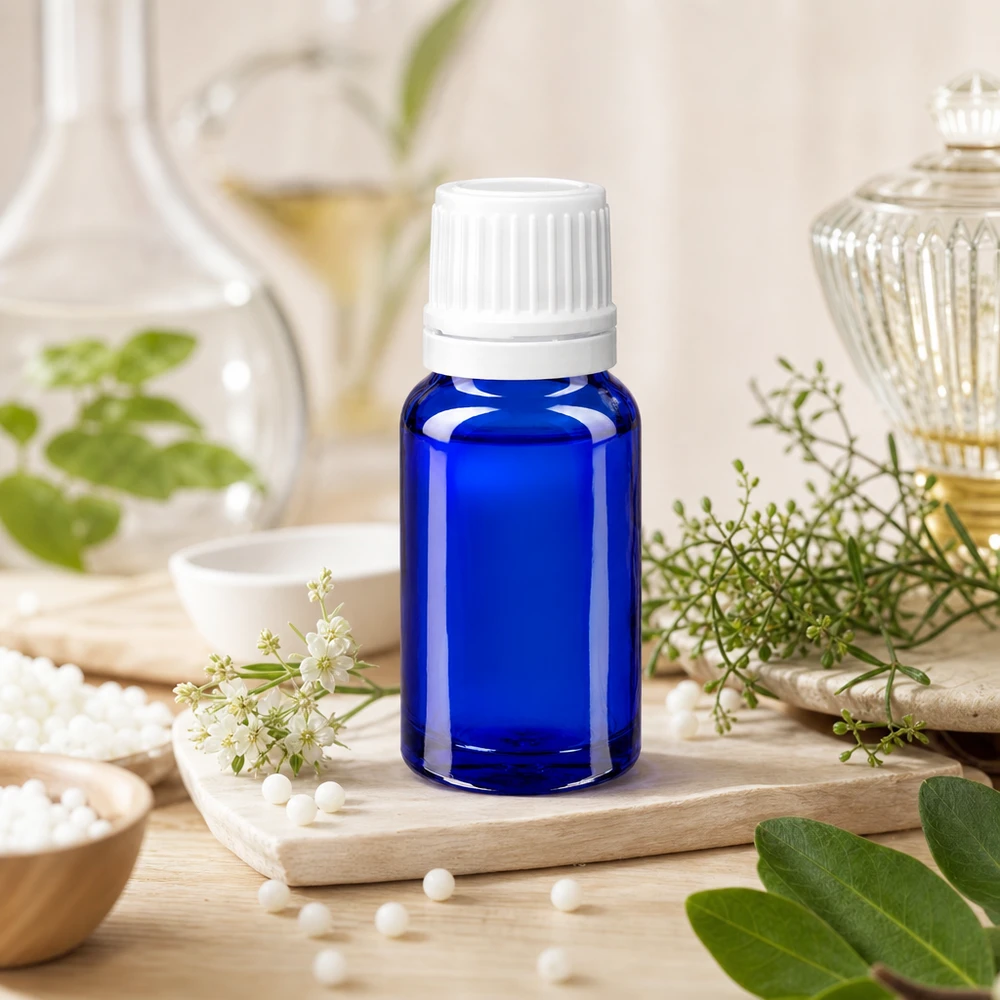 Flacone contagocce blu da 10ml OV bianco/0,7mm ApoGlas Flacone contagocce ApoGlas blu da 10 ml con tappo di sicurezza per bambini bianco, tra le erbe medicinali